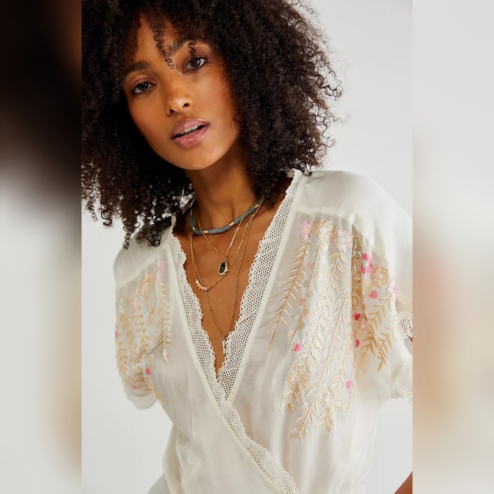 Free People Ivory Sheer Embroidered Wrap Top